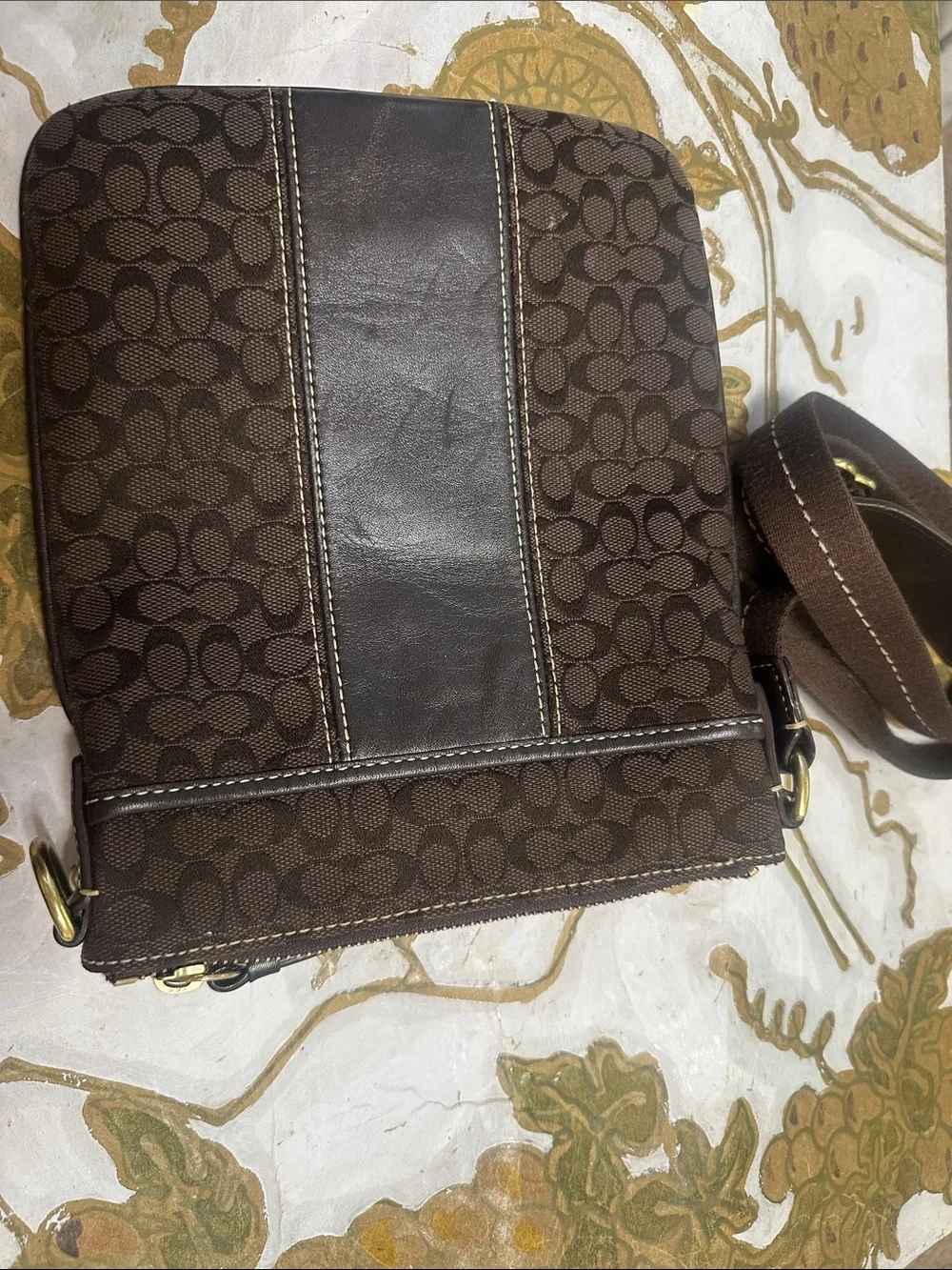 Coach Brown Signature Canvas Messenger Bag with Dark Brown Leather Trim